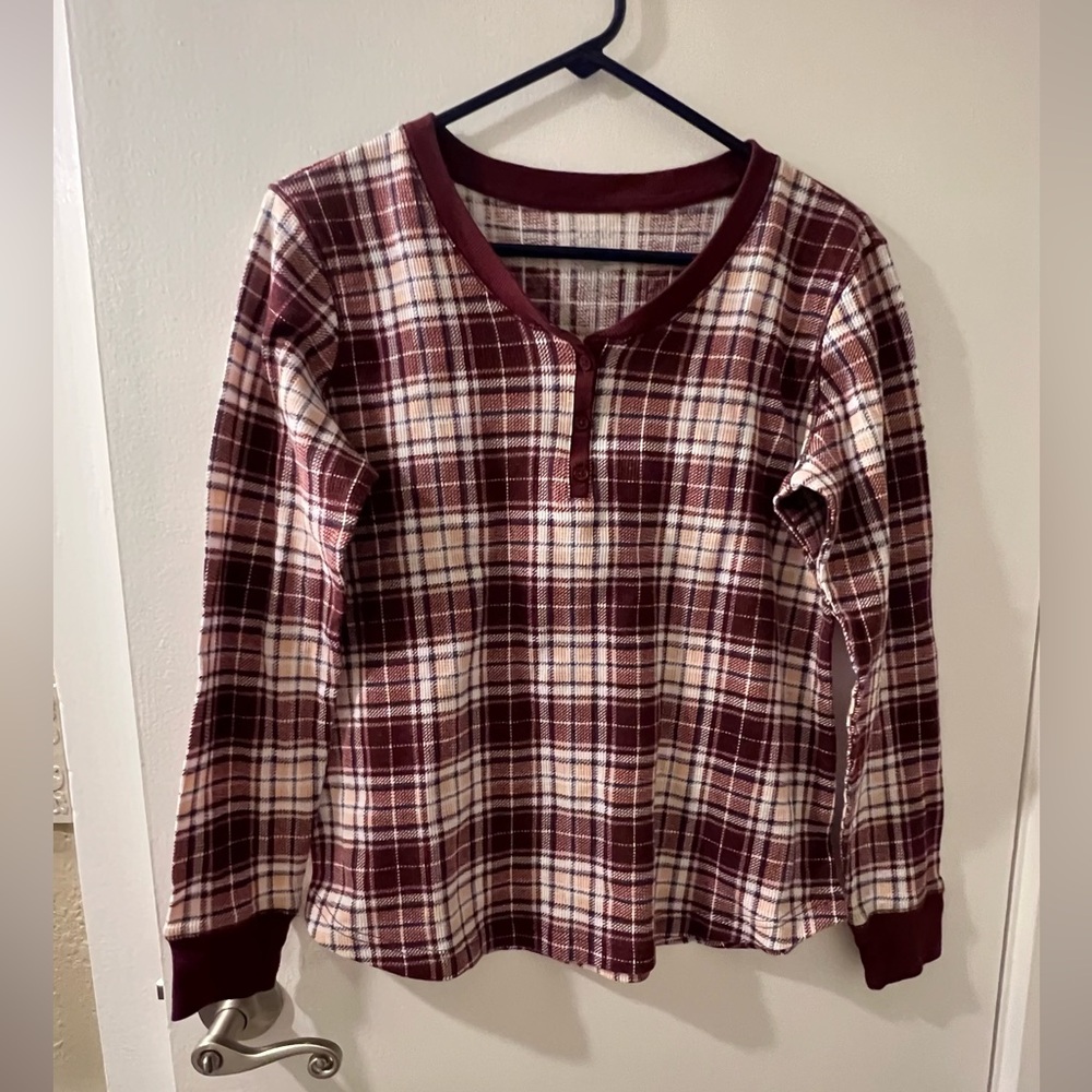 Jockey Burgundy and Cream Checkered Henley
